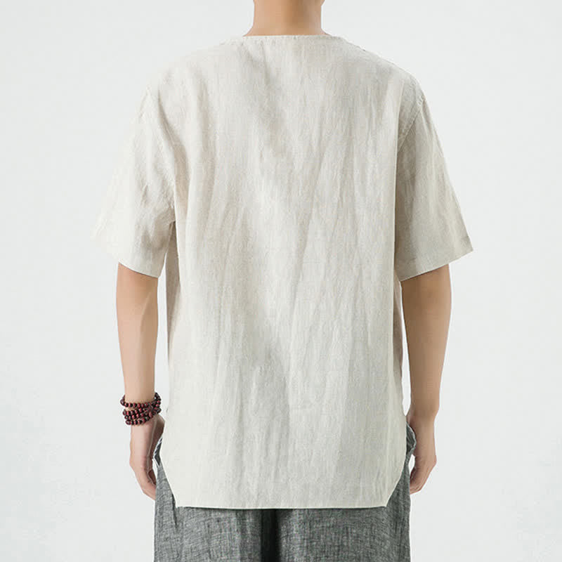 Buddha Stones 夏物カジュアルミニマリストサイドスリット無地クルーネックリネンメンズ半袖シャツ - image 4