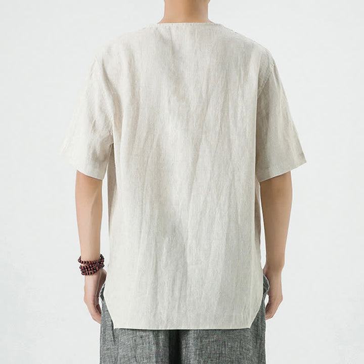 Buddha Stones 夏物カジュアルミニマリストサイドスリット無地クルーネックリネンメンズ半袖シャツ - image 4