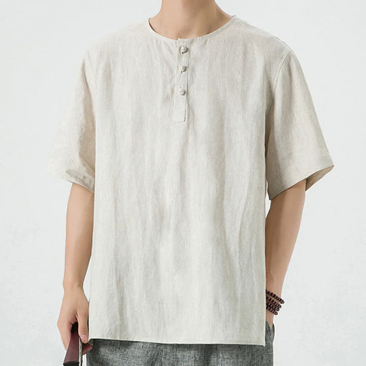 Buddha Stones 夏物カジュアルミニマリストサイドスリット無地クルーネックリネンメンズ半袖シャツ - image 6