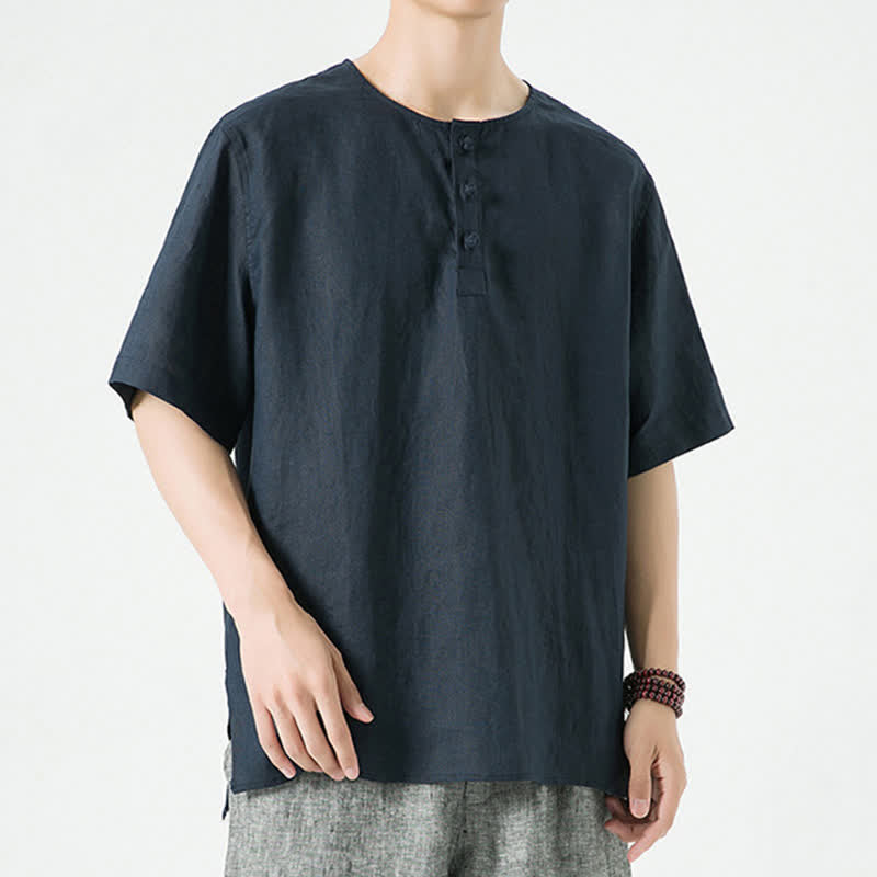 Buddha Stones 夏物カジュアルミニマリストサイドスリット無地クルーネックリネンメンズ半袖シャツ - image 18