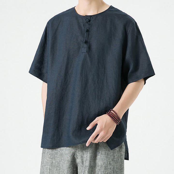 Buddha Stones 夏物カジュアルミニマリストサイドスリット無地クルーネックリネンメンズ半袖シャツ - image 19