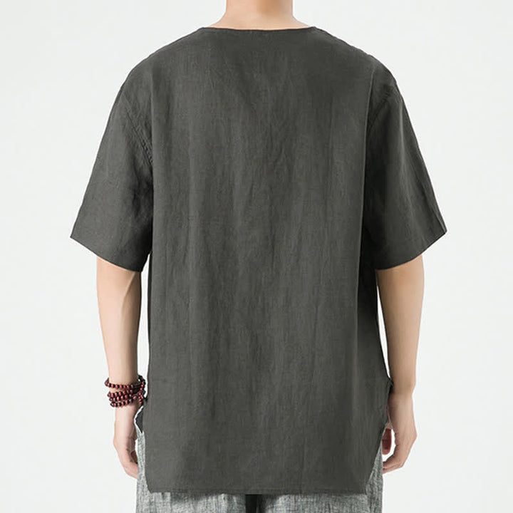 Buddha Stones 夏物カジュアルミニマリストサイドスリット無地クルーネックリネンメンズ半袖シャツ - image 28