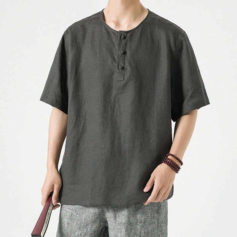 Buddha Stones 夏物カジュアルミニマリストサイドスリット無地クルーネックリネンメンズ半袖シャツ - image 30