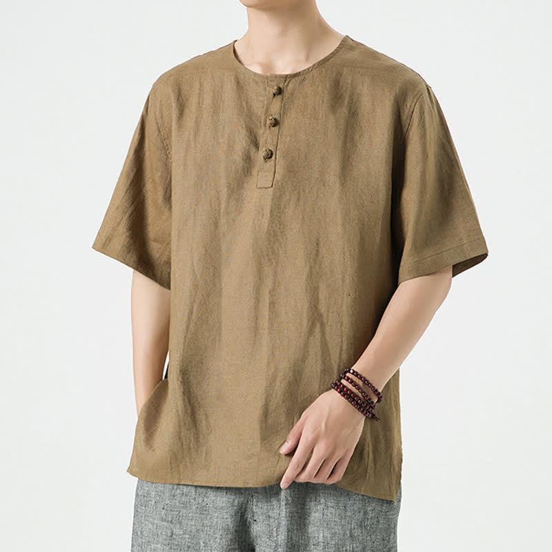 Buddha Stones 夏物カジュアルミニマリストサイドスリット無地クルーネックリネンメンズ半袖シャツ - image 38