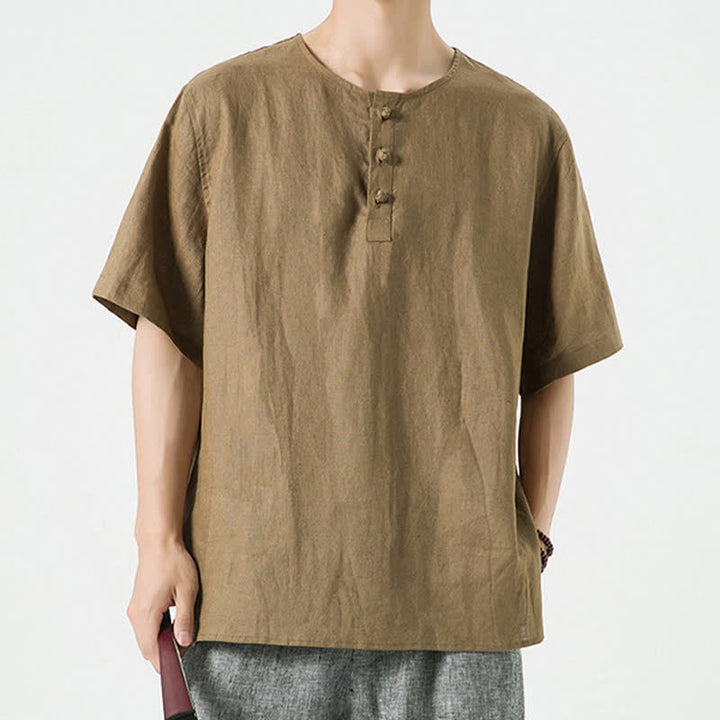 Buddha Stones 夏物カジュアルミニマリストサイドスリット無地クルーネックリネンメンズ半袖シャツ - image 37