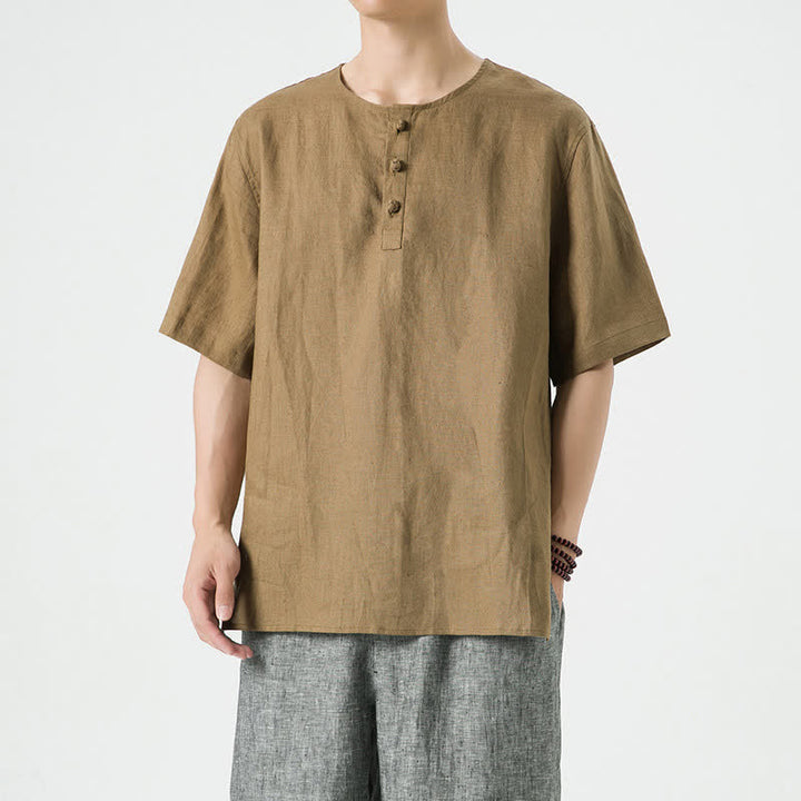 Buddha Stones 夏物カジュアルミニマリストサイドスリット無地クルーネックリネンメンズ半袖シャツ - image 40