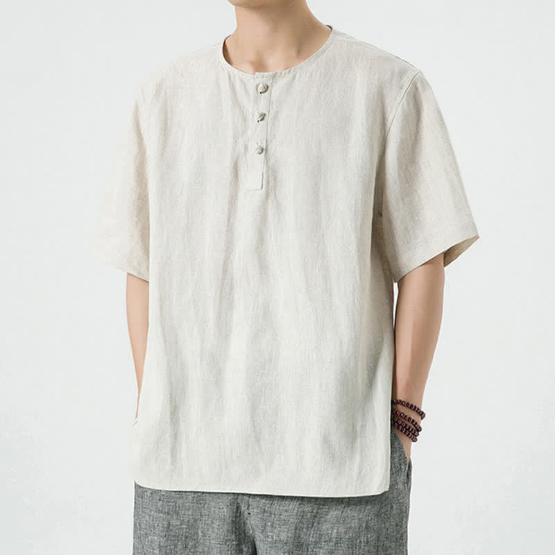 Buddha Stones 夏物カジュアルミニマリストサイドスリット無地クルーネックリネンメンズ半袖シャツ - image 7