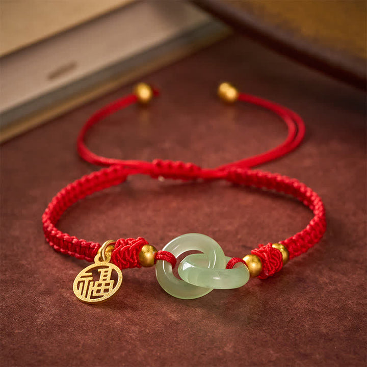 Buddha Stones 銅製琉璃福字幸運の赤紐ブレスレット - 福の文字（幸せ♥良縁祈願） - image 0