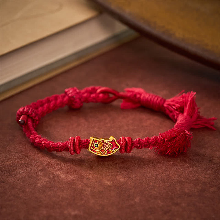 Buddha Stones 縁起の良い赤紐の鯉の成就ブレスレット - 濃い赤紐 - image 0