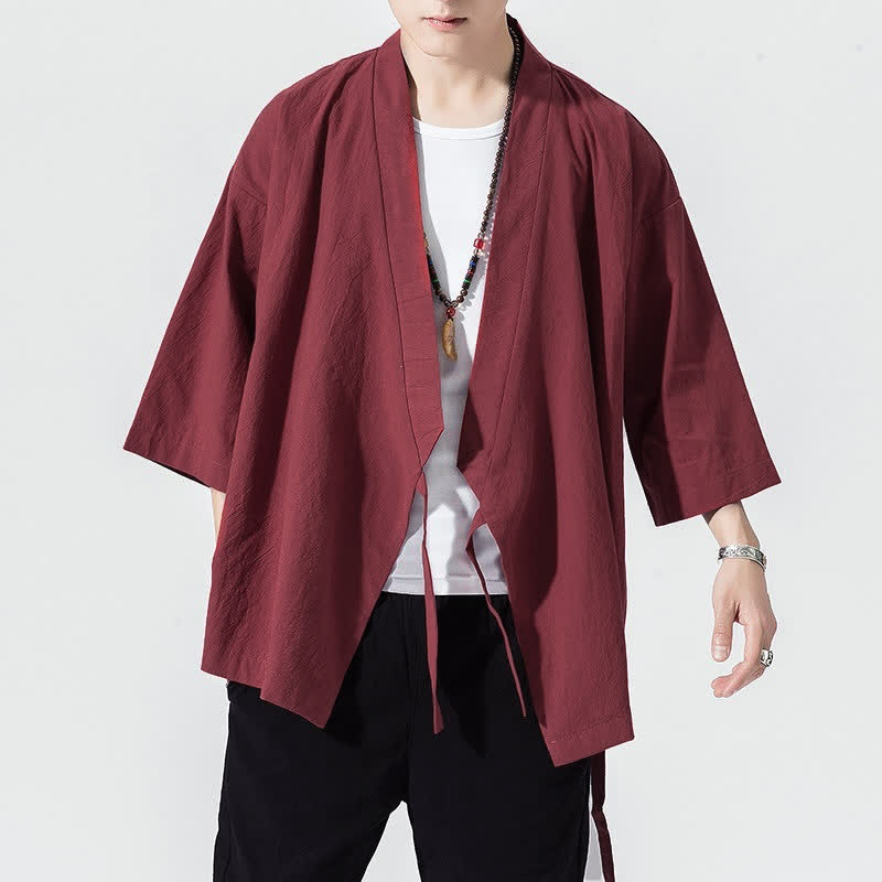 Buddha Stones 夏物カジュアルミニマリストドローストリング無地肘丈袖メンズ着物 - image 20