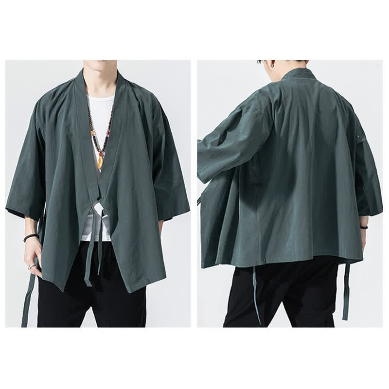 Buddha Stones 夏物カジュアルミニマリストドローストリング無地肘丈袖メンズ着物 - image 4