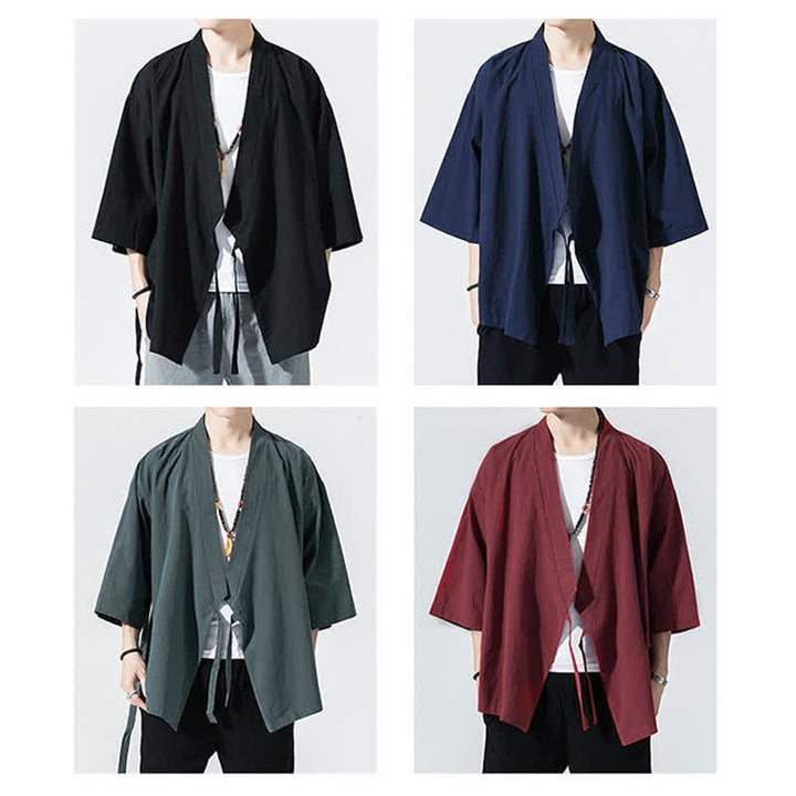 Buddha Stones 夏物カジュアルミニマリストドローストリング無地肘丈袖メンズ着物 - image 26