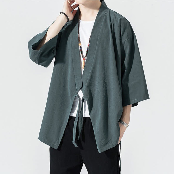 Buddha Stones 夏物カジュアルミニマリストドローストリング無地肘丈袖メンズ着物 - image 2