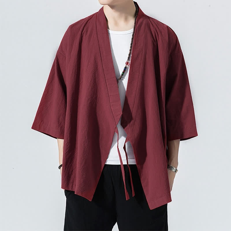 Buddha Stones 夏物カジュアルミニマリストドローストリング無地肘丈袖メンズ着物 - image 24