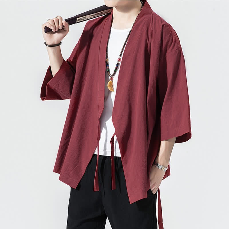 Buddha Stones 夏物カジュアルミニマリストドローストリング無地肘丈袖メンズ着物 - image 21