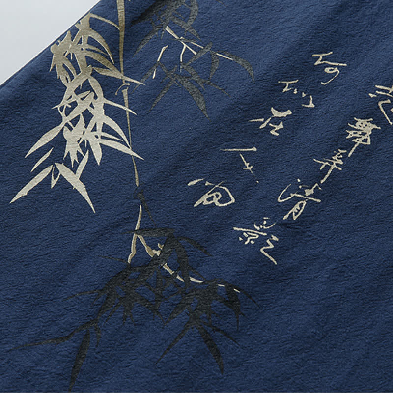 Buddha Stones 夏用唐風カジュアルカエルボタン竹柄コットンリネン半袖シャツパンツメンズ瞑想服（ポケット付き）2点セット - image 7