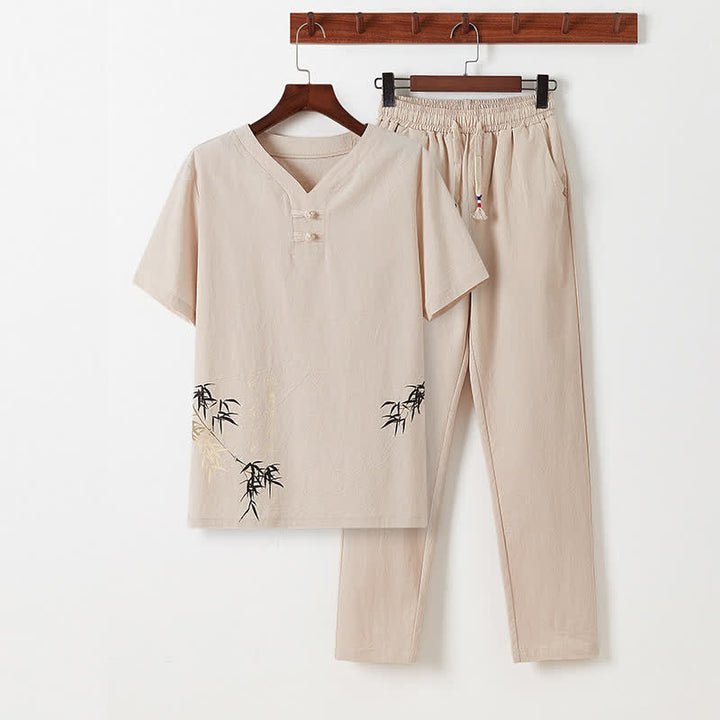 Buddha Stones 夏用唐風カジュアルカエルボタン竹柄コットンリネン半袖シャツパンツメンズ瞑想服（ポケット付き）2点セット - ベージュ - US/UK/AU46, EU56 （5XL） - image 19