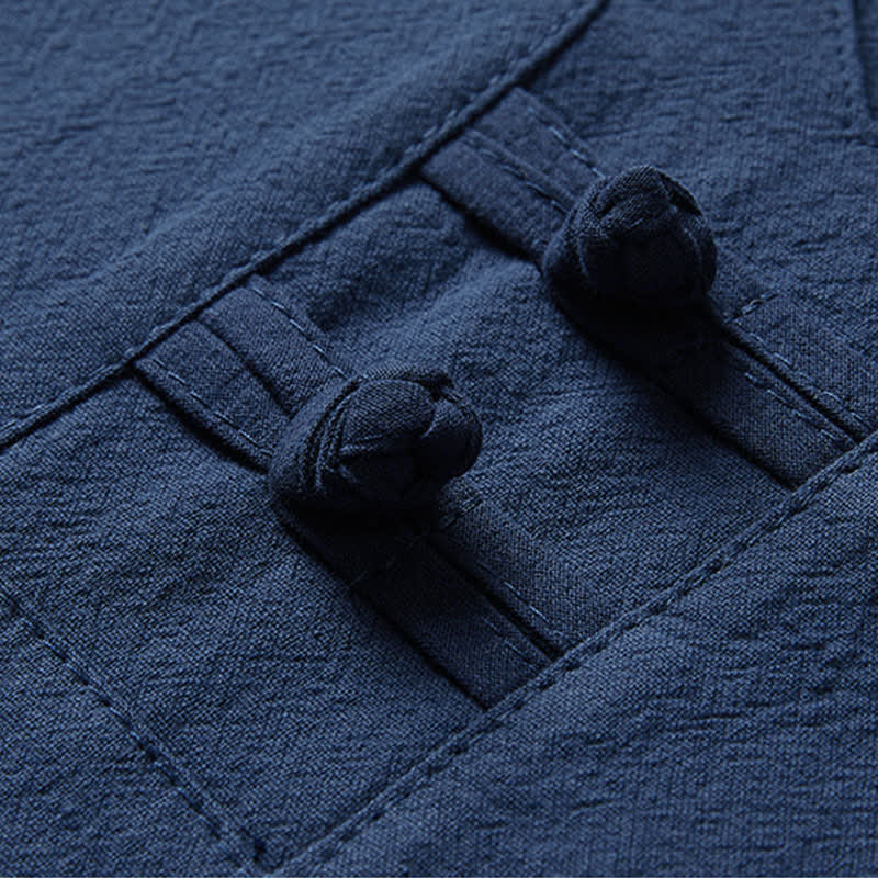 Buddha Stones 夏用唐風カジュアルカエルボタン竹柄コットンリネン半袖シャツパンツメンズ瞑想服（ポケット付き）2点セット - image 9