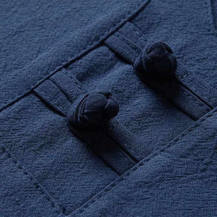 Buddha Stones 夏用唐風カジュアルカエルボタン竹柄コットンリネン半袖シャツパンツメンズ瞑想服（ポケット付き）2点セット - image 9