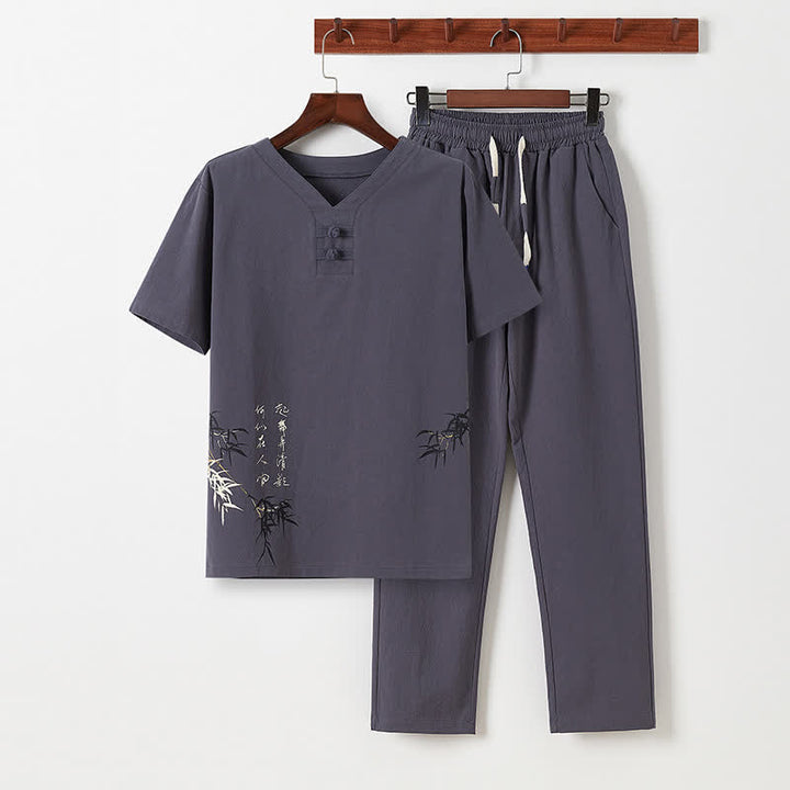 Buddha Stones 夏用唐風カジュアルカエルボタン竹柄コットンリネン半袖シャツパンツメンズ瞑想服（ポケット付き）2点セット - 薄暗い灰色 - US/UK/AU46, EU56 （5XL） - image 17