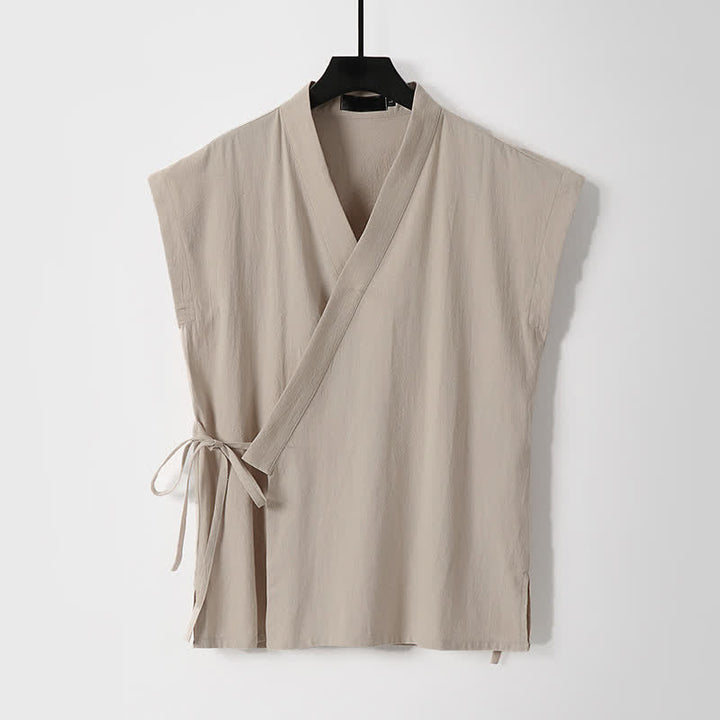 Buddha Stones 夏用瞑想用タンスタイルドローストリング無地コットンリネン半袖シャツショーツメンズ瞑想服2枚セット（ポケット付き） - image 10