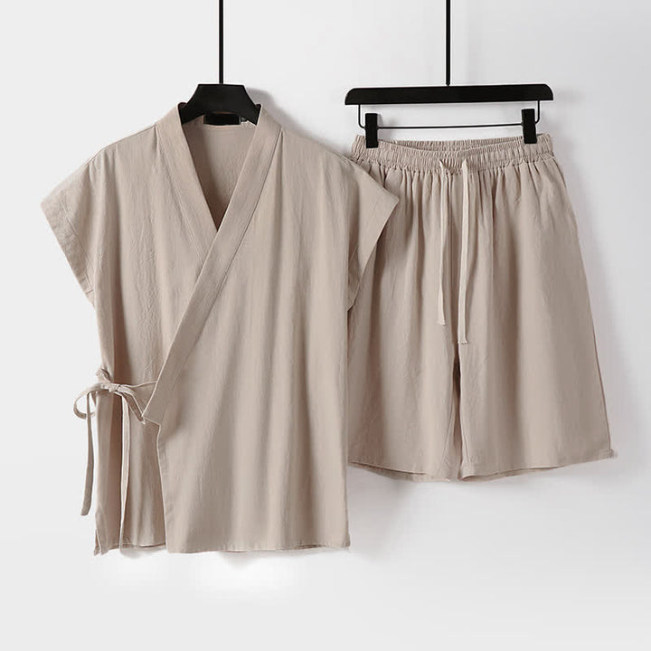 Buddha Stones 夏用瞑想用タンスタイルドローストリング無地コットンリネン半袖シャツショーツメンズ瞑想服2枚セット（ポケット付き） - ビスク - US/UK/AU54, EU64 （9XL） - image 9