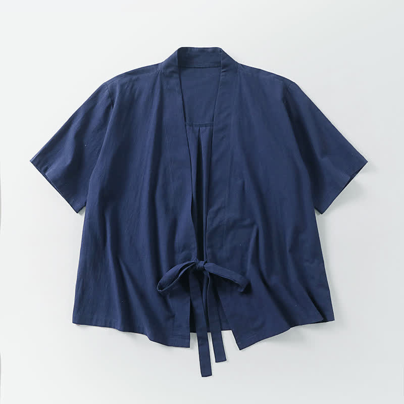 Buddha Stones 夏物カジュアルミニマリスト半袖無地レースアップオープンフロントコットンリネンメンズ着物 - image 7