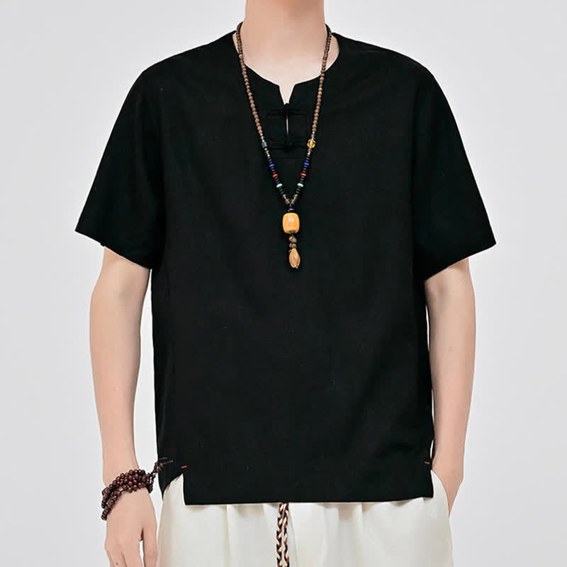 Buddha Stones サマータンスタイル ミニマリスト 2つボタン クルーネック 無地 メンズ 半袖シャツ - 黒 - US/UK/AU46, EU56 （5XL） - image 7