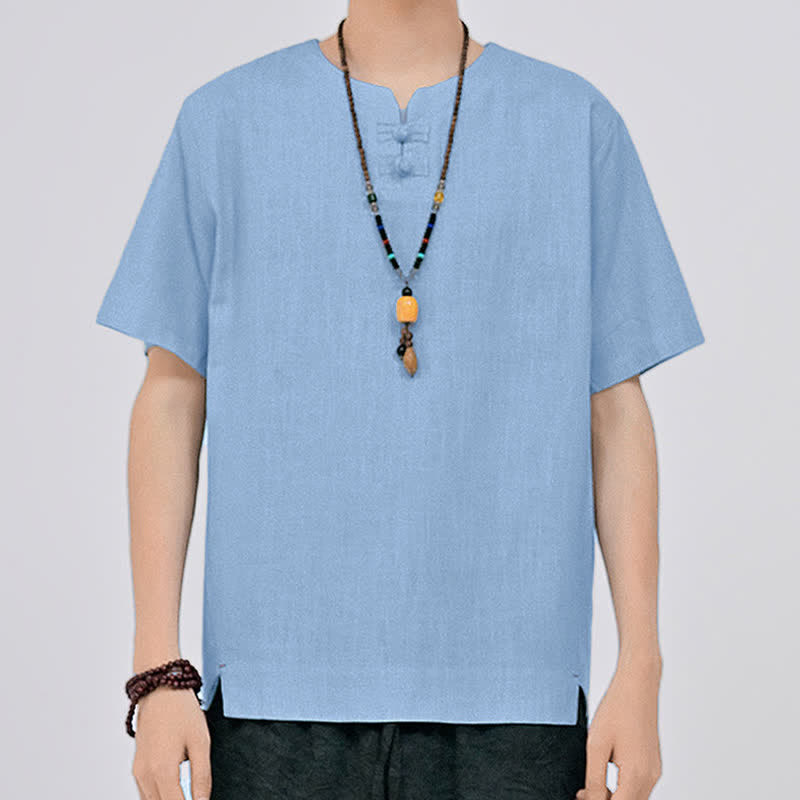 Buddha Stones サマータンスタイル ミニマリスト 2つボタン クルーネック 無地 メンズ 半袖シャツ - image 17