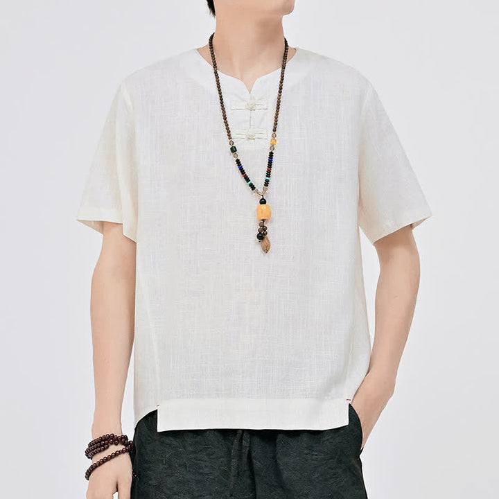 Buddha Stones サマータンスタイル ミニマリスト 2つボタン クルーネック 無地 メンズ 半袖シャツ - 白 - US/UK/AU46, EU56 （5XL） - image 0