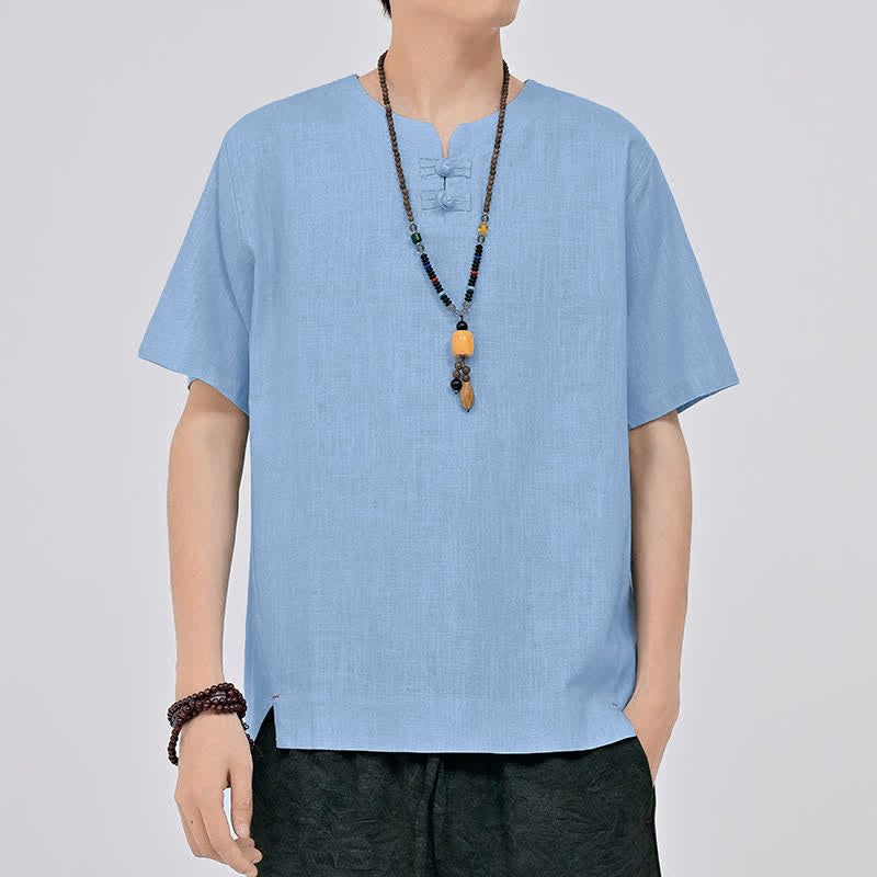 Buddha Stones サマータンスタイル ミニマリスト 2つボタン クルーネック 無地 メンズ 半袖シャツ - 水色 - US/UK/AU46, EU56 （5XL） - image 14