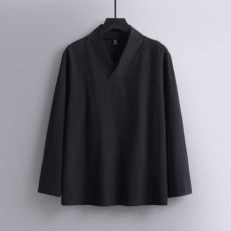 Buddha Stonesクロスカラーコットンリネン唐装漢服上下セットメンズ - image 4