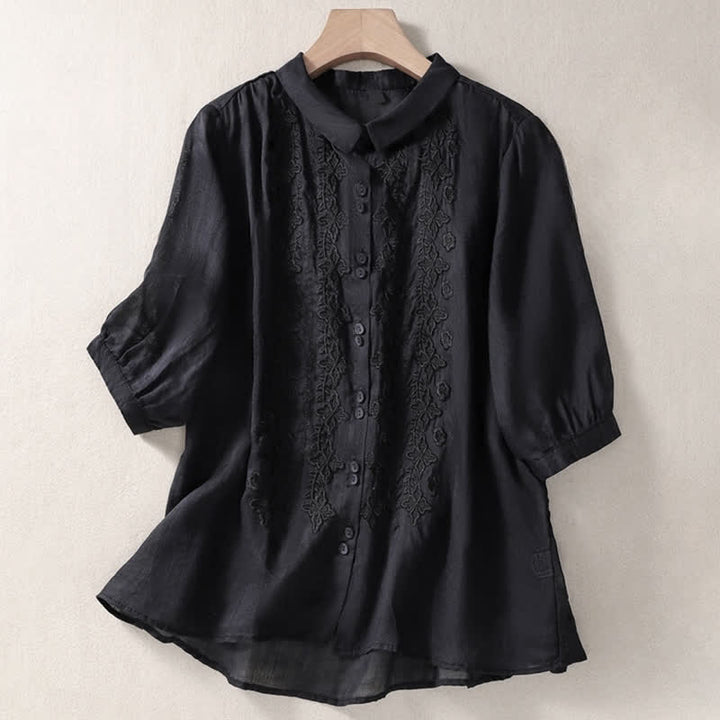Buddha Stones夏用無地ボタン刺繍花柄 七分袖ラペル レディースシャツ - 黒 - US12、 UK/AU16、 EU44 (2XL) - image 26