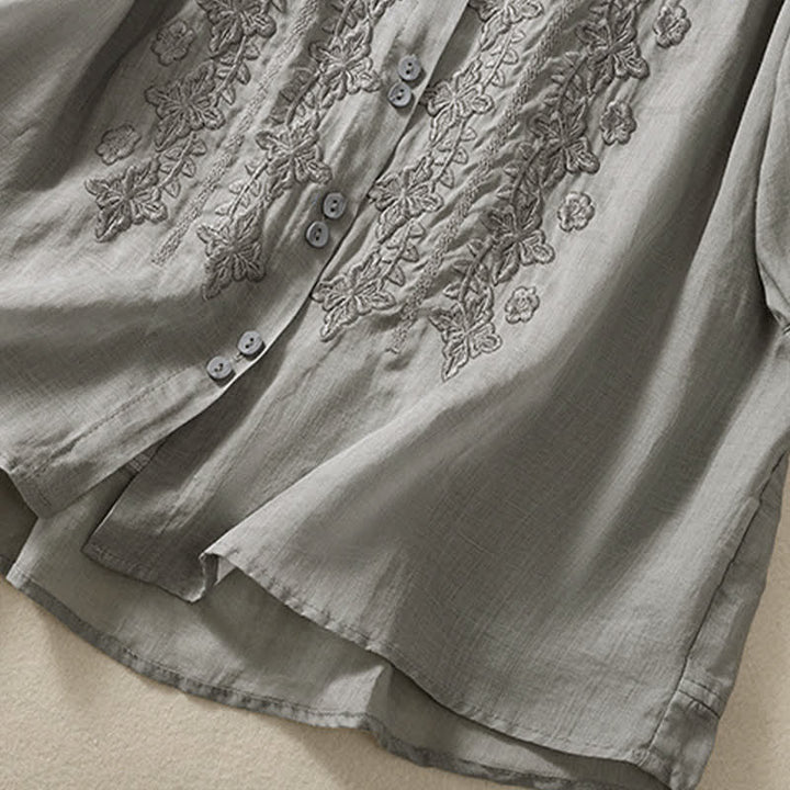 Buddha Stones夏用無地ボタン刺繍花柄 七分袖ラペル レディースシャツ - image 18
