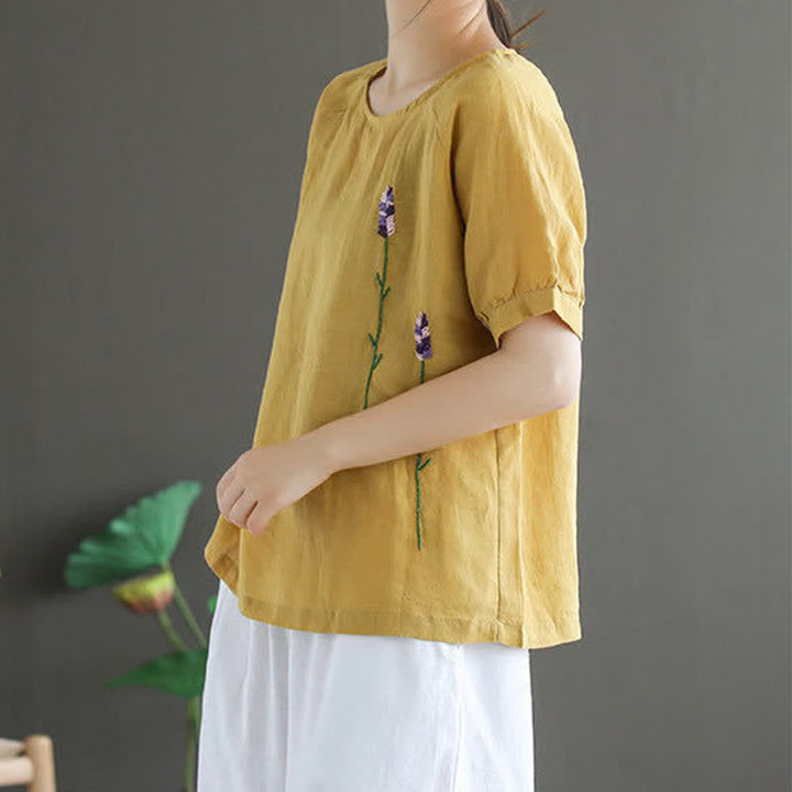 Buddha Stonesサマーヴィンテージ刺繍花柄レディースクルーネックTシャツ - image 7