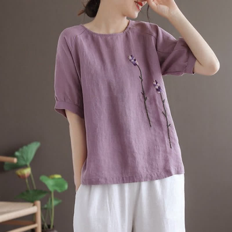 Buddha Stonesサマーヴィンテージ刺繍花柄レディースクルーネックTシャツ - image 1