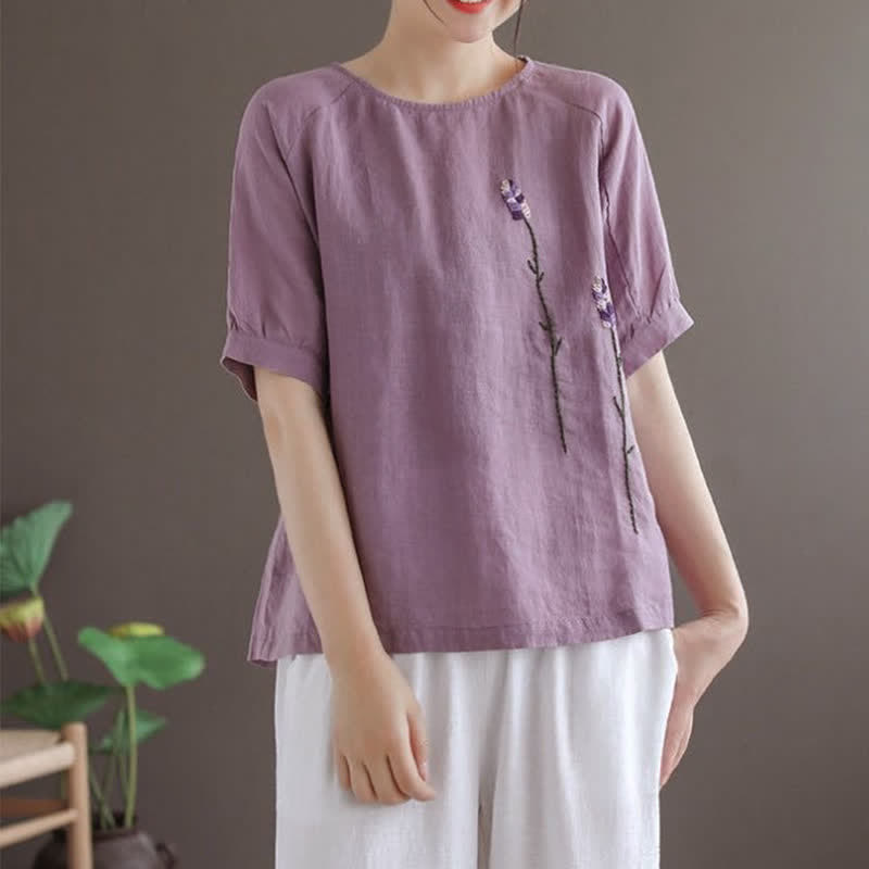 Buddha Stonesサマーヴィンテージ刺繍花柄レディースクルーネックTシャツ - image 3