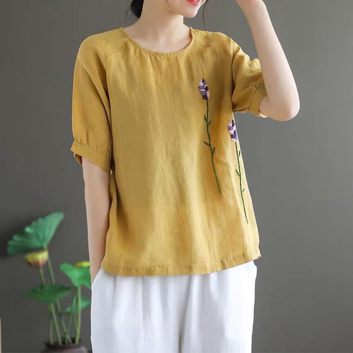 Buddha Stonesサマーヴィンテージ刺繍花柄レディースクルーネックTシャツ - image 9