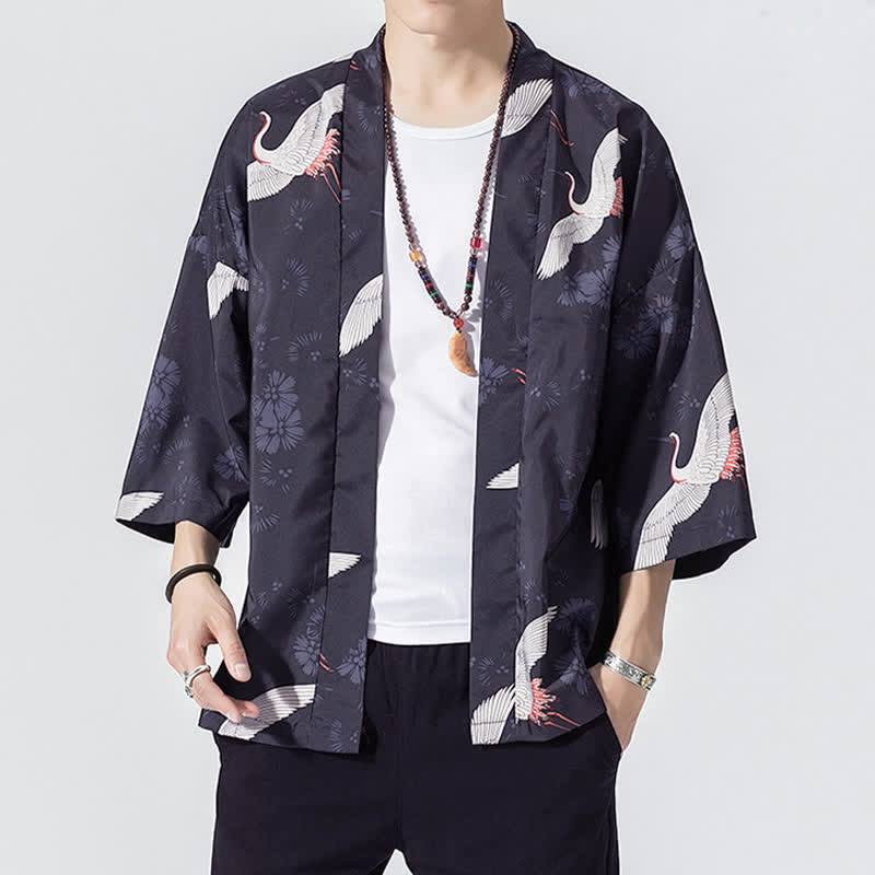 Buddha Stones 夏物カジュアル ヴィンテージ オープンフロント 鶴の波柄 メンズ着物 - インジゴ - US/UK/AU46, EU56 （5XL） - image 3
