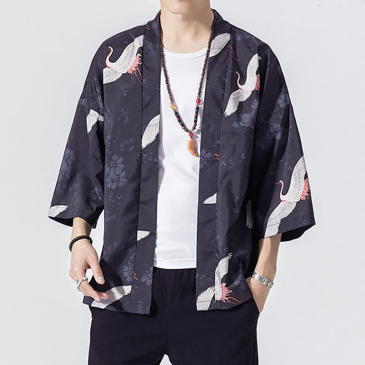 Buddha Stones 夏物カジュアル ヴィンテージ オープンフロント 鶴の波柄 メンズ着物 - インジゴ - US/UK/AU46, EU56 （5XL） - image 3