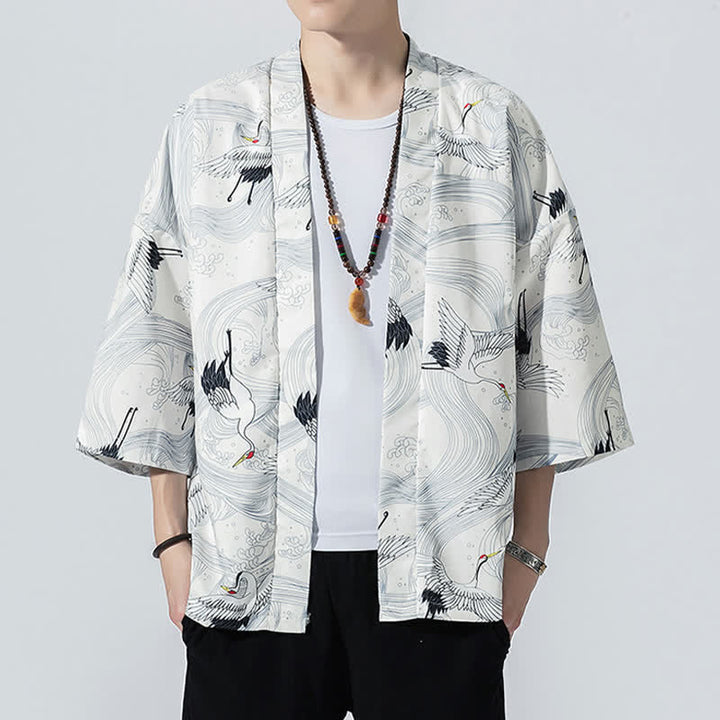 Buddha Stones 夏物カジュアル ヴィンテージ オープンフロント 鶴の波柄 メンズ着物 - 白 - US/UK/AU46, EU56 （5XL） - image 13