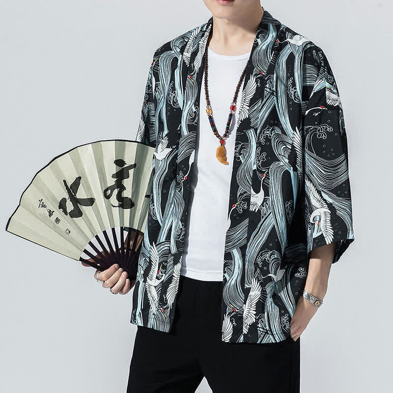 Buddha Stones 夏物カジュアル ヴィンテージ オープンフロント 鶴の波柄 メンズ着物 - 海軍 - US/UK/AU46, EU56 （5XL） - image 0