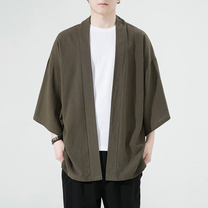 Buddha Stones 夏向けカジュアルミニマリスト無地メンズ着物 - オリーブドラブ - US/UK/AU46, EU56 （5XL） - image 2