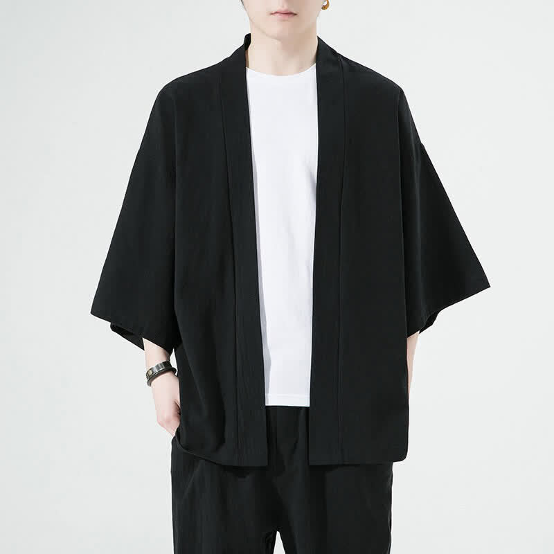 Buddha Stones 夏向けカジュアルミニマリスト無地メンズ着物 - 黒 - US/UK/AU46, EU56 （5XL） - image 1