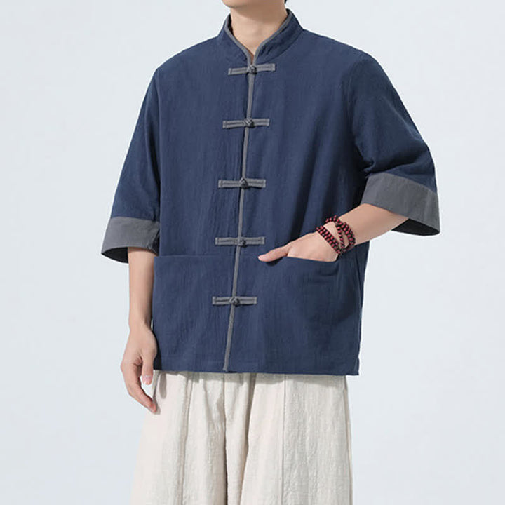 Buddha Stones 夏物カジュアル 唐草風カエルボタン 無地コットン メンズ半袖シャツ ポケット付き - image 2