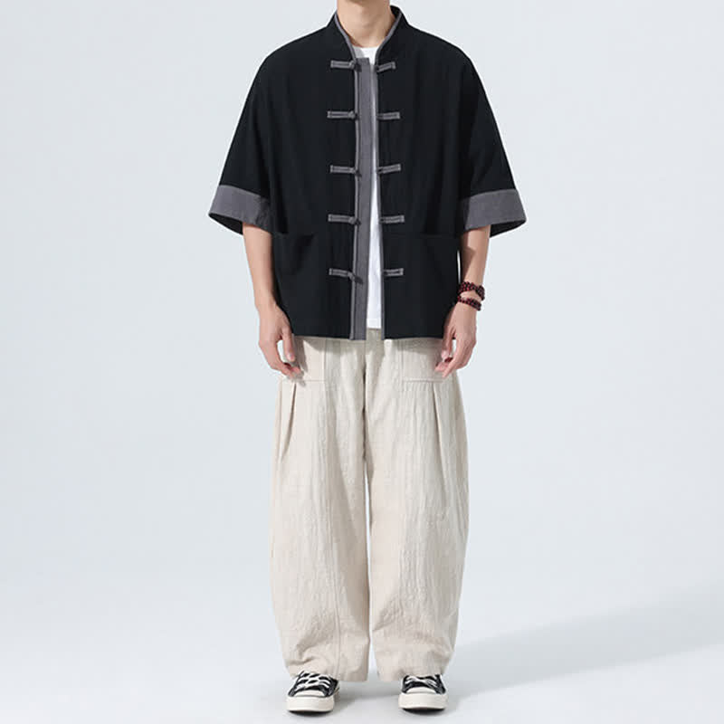 Buddha Stones 夏物カジュアル 唐草風カエルボタン 無地コットン メンズ半袖シャツ ポケット付き - image 22