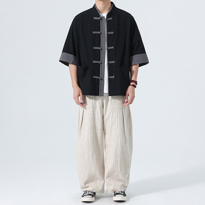 Buddha Stones 夏物カジュアル 唐草風カエルボタン 無地コットン メンズ半袖シャツ ポケット付き - image 22