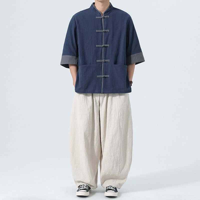 Buddha Stones 夏物カジュアル 唐草風カエルボタン 無地コットン メンズ半袖シャツ ポケット付き - image 6