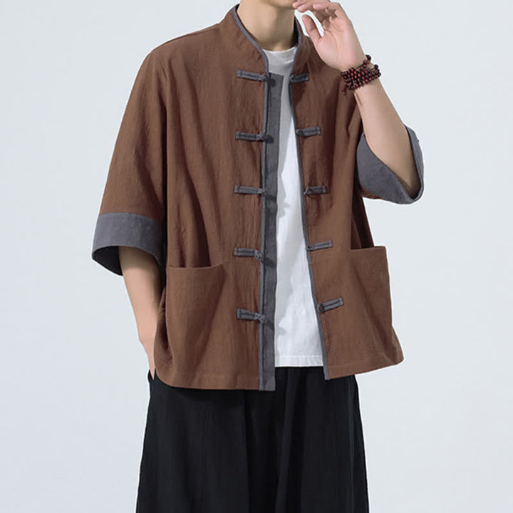 Buddha Stones 夏物カジュアル 唐草風カエルボタン 無地コットン メンズ半袖シャツ ポケット付き - image 13