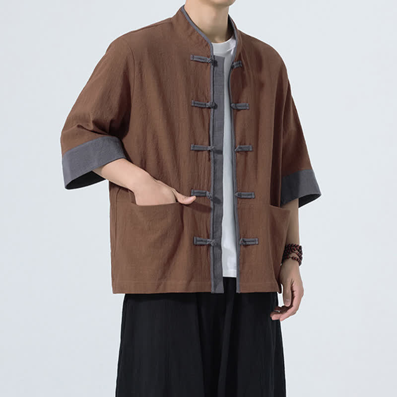 Buddha Stones 夏物カジュアル 唐草風カエルボタン 無地コットン メンズ半袖シャツ ポケット付き - image 12